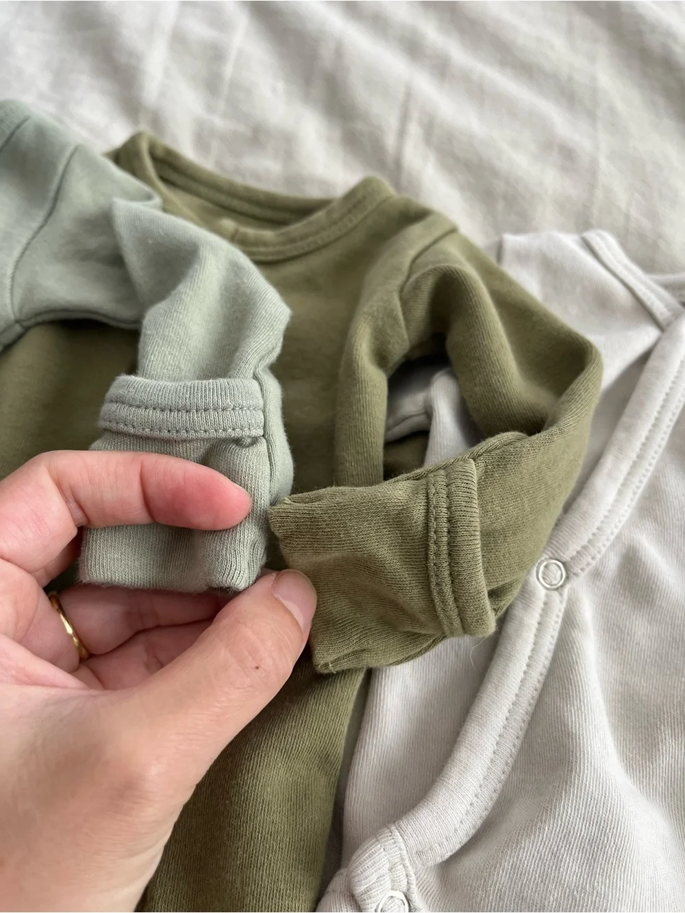Lot of 4 L'ovedbaby Olive Green Snap-Front Footed and Short Sleeve One-Pieces